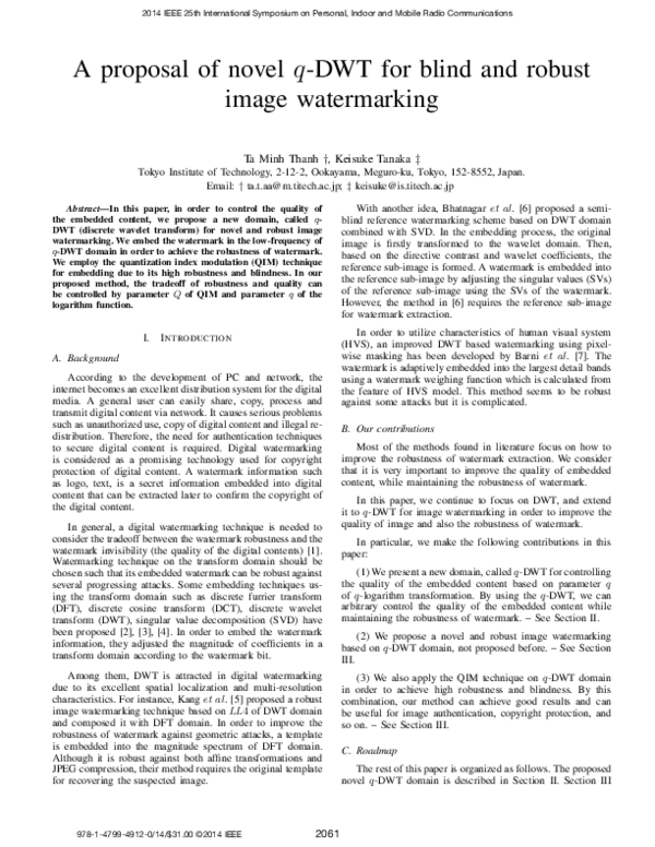 (PDF) A proposal of novel q-DWT for blind and robust image watermarking