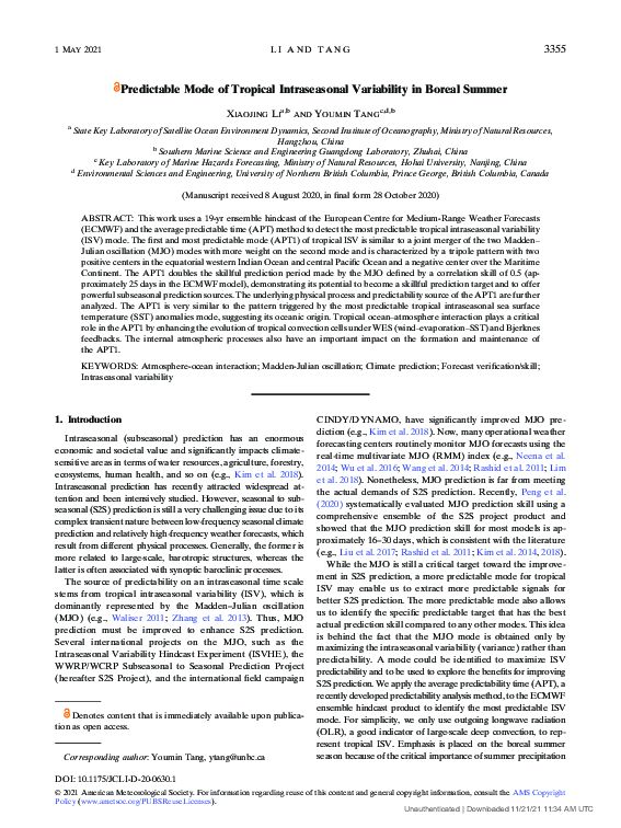 (PDF) Predictable Mode of Tropical Intraseasonal Variability in Boreal ...