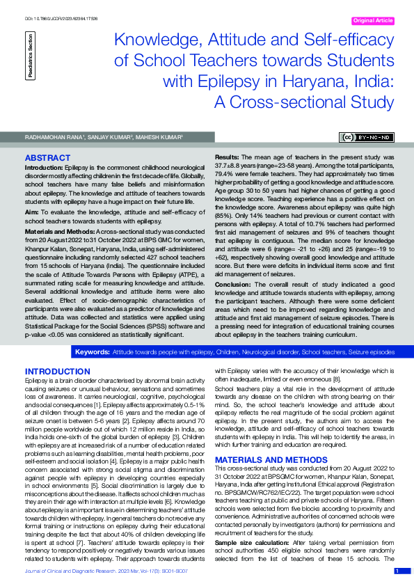 (PDF) Knowledge, Attitude and Self-efficacy of School Teachers towards ...