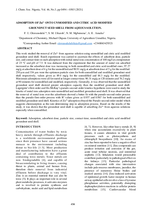 (PDF) ADSORPTION OF Zn2+ ONTO UNMODIFIED AND CITRIC ACID MODIFIED ...