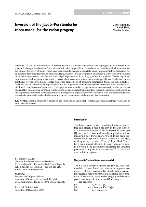 (PDF) Inversion of the Jacobi-Porstendörfer room model for the radon ...
