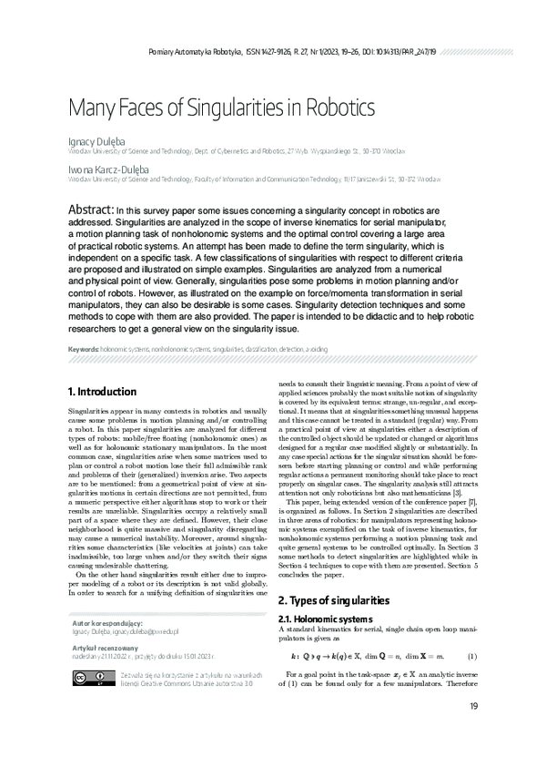 (PDF) Many Faces of Singularities in Robotics | Iwona Karcz-Dulęba ...