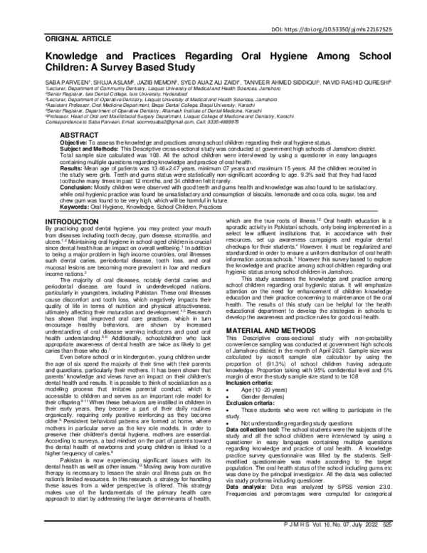 (PDF) Knowledge and Practices Regarding Oral Hygiene Among School ...