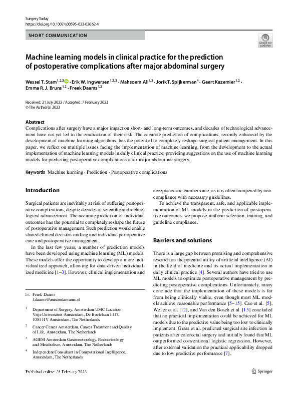 (PDF) Machine learning models in clinical practice for the prediction ...