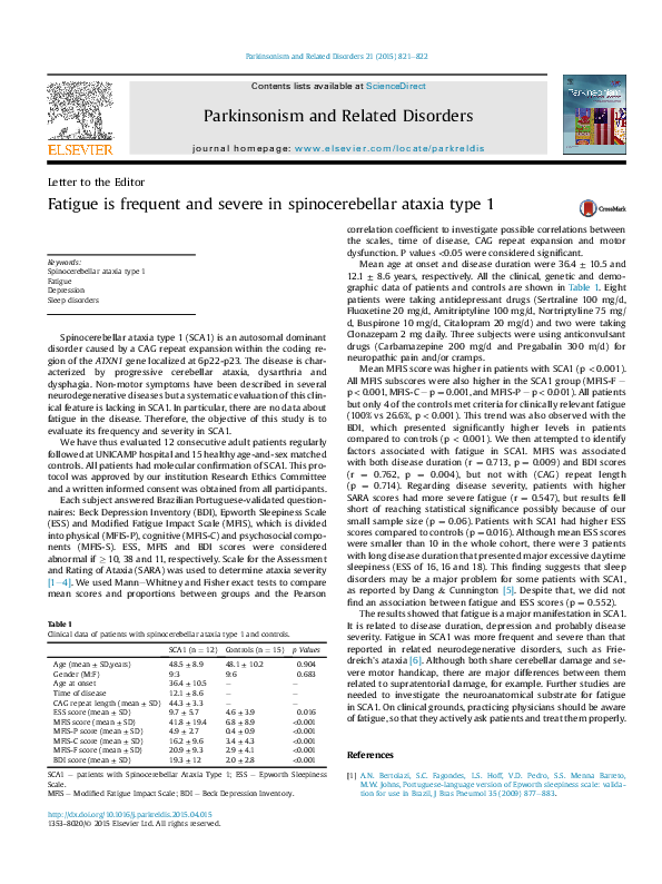 (PDF) Fatigue is frequent and severe in spinocerebellar ataxia type 1