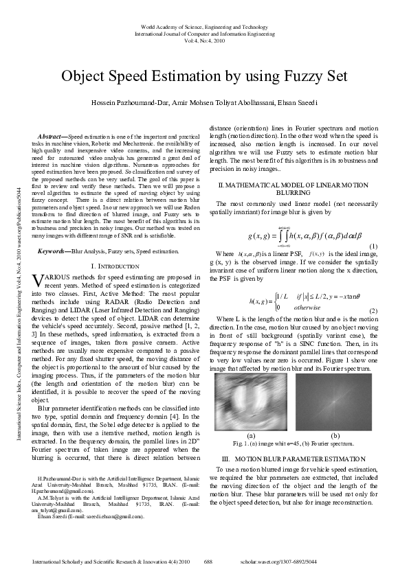 (PDF) Object Speed Estimation By Using Fuzzy Set