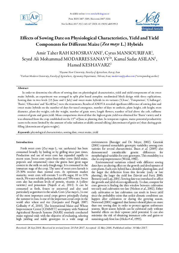 (PDF) Effects of Sowing Date on Physiological Characteristics, Yield ...