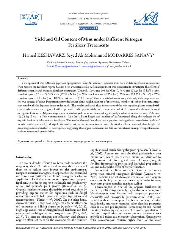 (PDF) Yield and Oil Content of Mint under Different Nitrogen Fertilizer