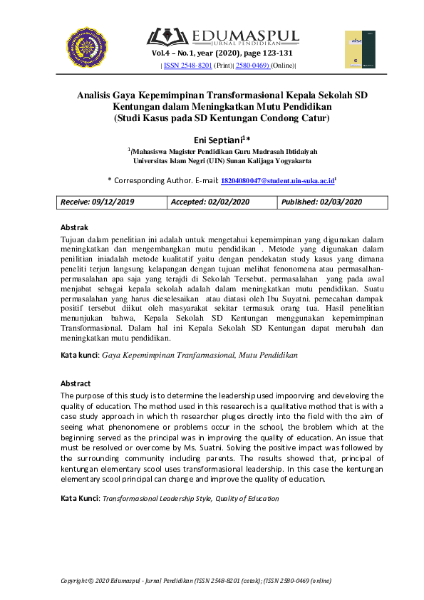 (PDF) Analisis Gaya Kepemimpinan Transformasional Kepala Sekolah SD ...