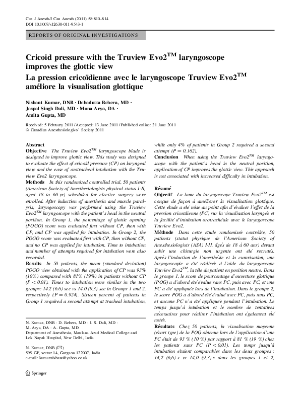 (PDF) Cricoid pressure with the Truview Evo2TM laryngoscope improves ...