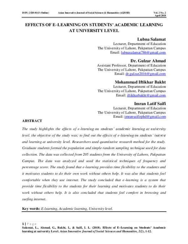 (PDF) EFFECTS OF E-LEARNING ON STUDENTS' ACADEMIC LEARNING AT ...