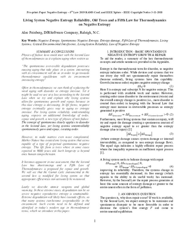 (PDF) Living System Negative Entropy Reliability, Old Trees and a Fifth ...