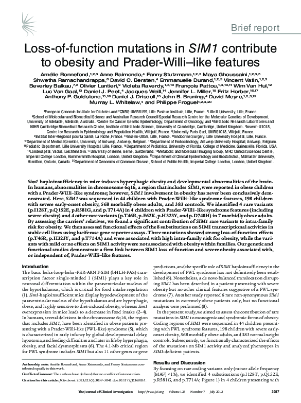 (PDF) Loss-of-function mutations in SIM1 contribute to obesity and ...