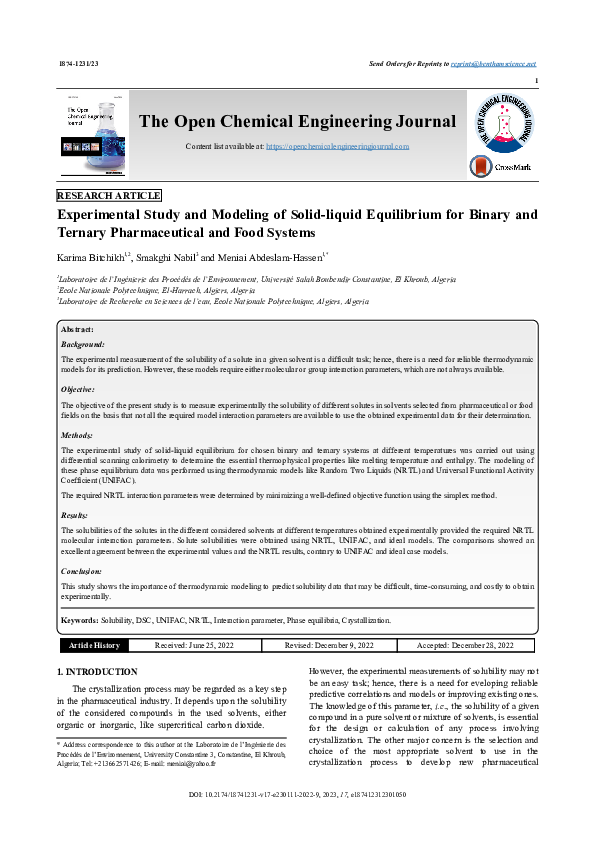 (PDF) Experimental Study and Modeling of Solid-liquid Equilibrium for ...
