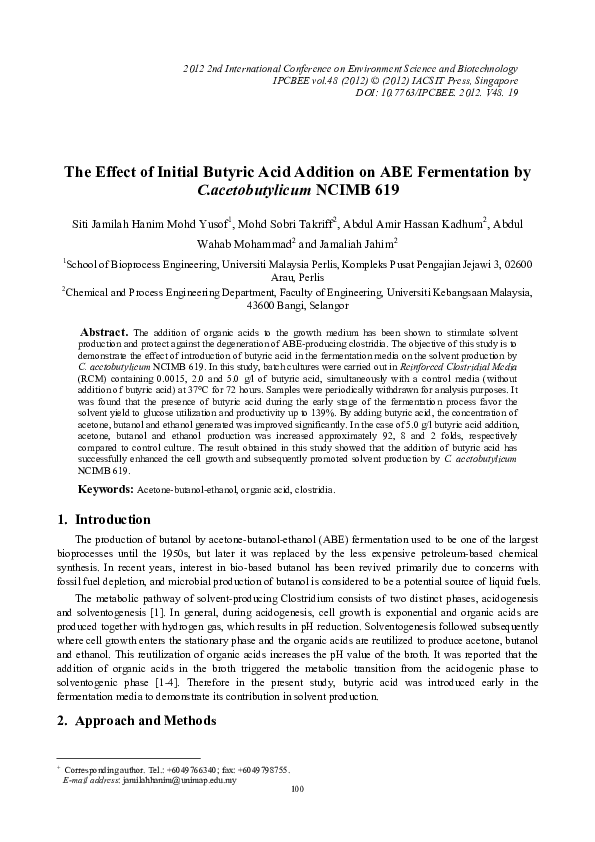 (PDF) The Effect of Initial Butyric Acid Addition on ABE Fermentation ...