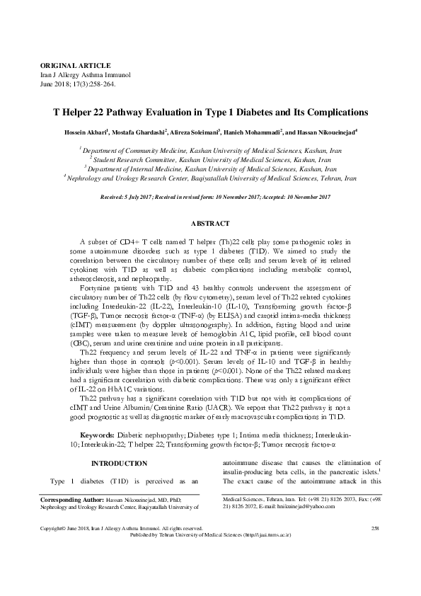 (PDF) T Helper 22 Pathway Evaluation in Type 1 Diabetes and Its ...