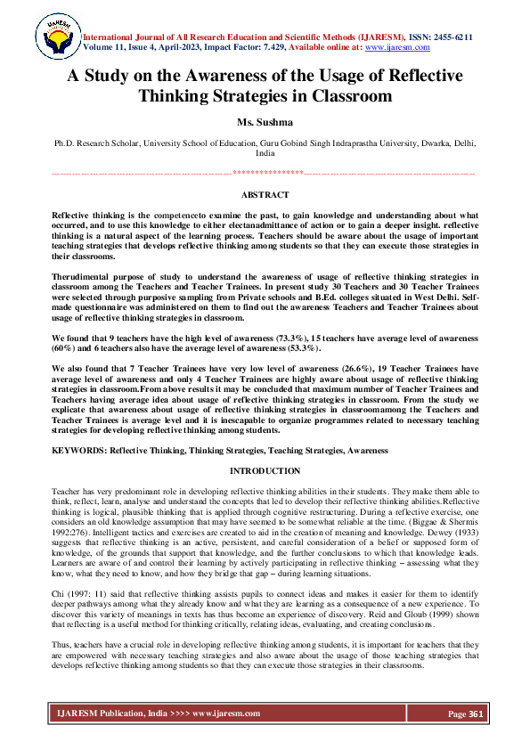 (PDF) A Study on the Awareness of the Usage of Reflective Thinking ...