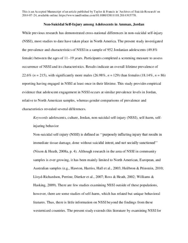 (PDF) Non-Suicidal Self-Injury among Adolescents in Amman, Jordan