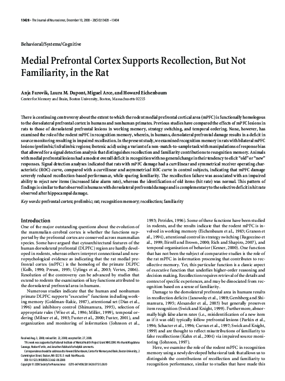 (PDF) Medial Prefrontal Cortex Supports Recollection, But Not ...