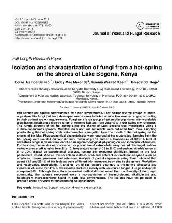 (PDF) Isolation and characterization of fungi from a hot-spring on the ...