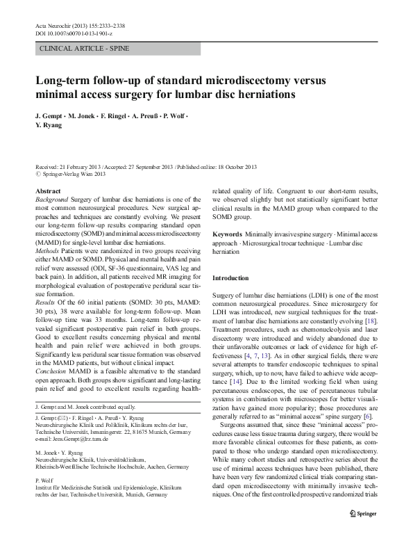 (PDF) Longterm followup of standard microdiscectomy versus minimal