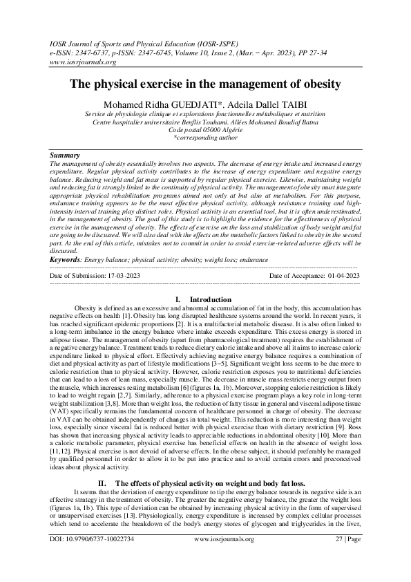 Pdf The Physical Exercise In The Management Of Obesity