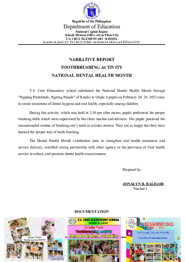 (DOC) NARRATIVE REPORT ON SCHOOL TOOTHBRUSHING Marnie Atok Academia.edu