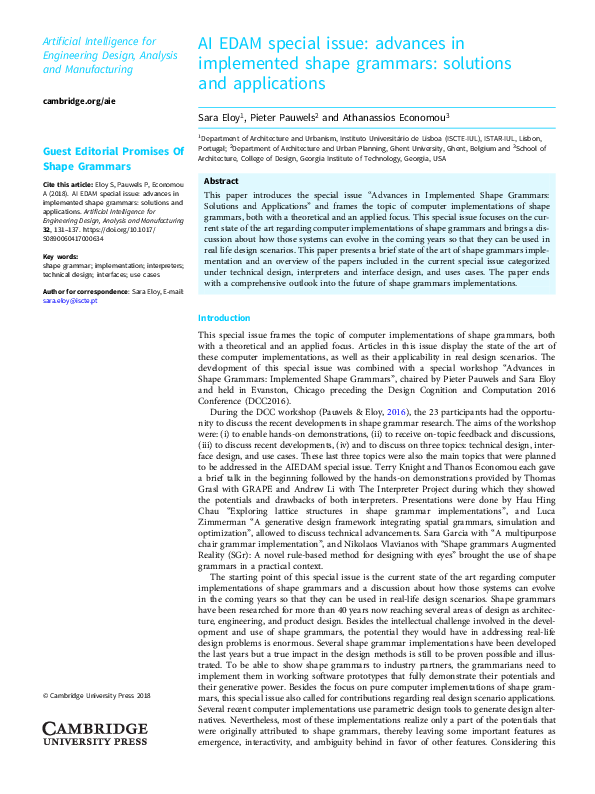 (PDF) AI EDAM special issue: advances in implemented shape grammars ...