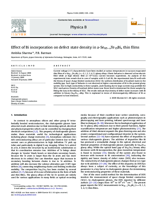 (PDF) Effect of Bi incorporation on defect state density in a-Se85− ...