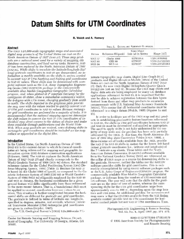 (PDF) Datum Shifts for UTM Coordinates