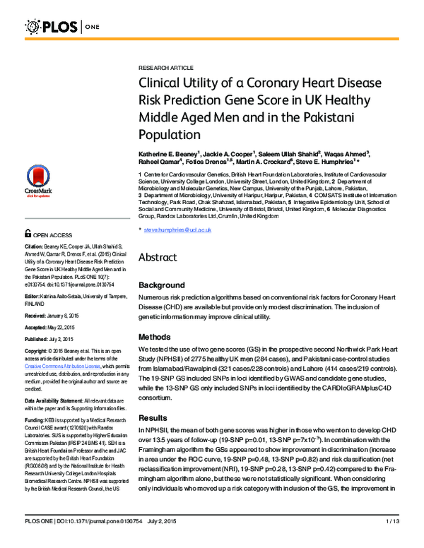 (PDF) Clinical Utility of a Coronary Heart Disease Risk Prediction Gene ...