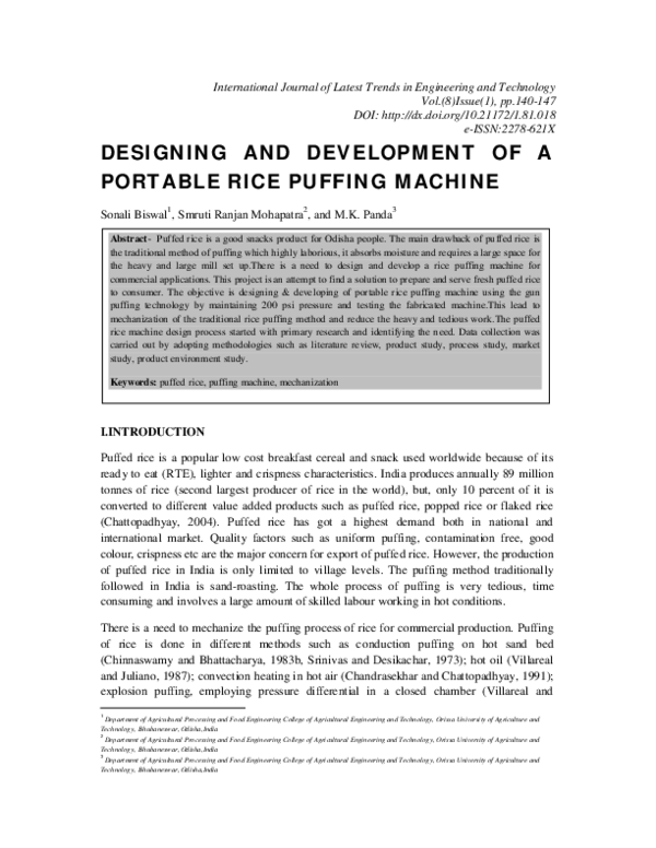 (PDF) Designing and development of a portable rice puffing machine