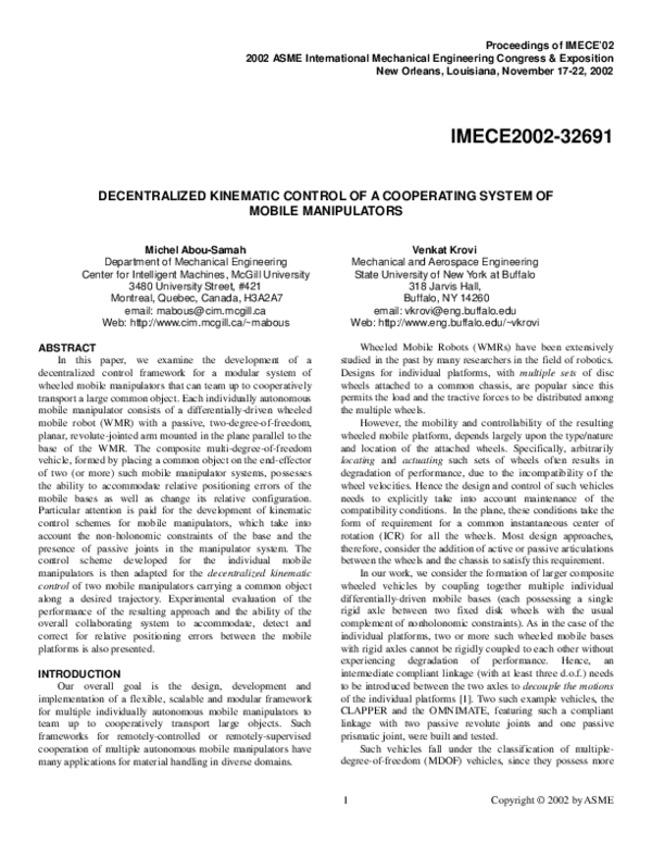 (PDF) Decentralized Kinematic Control of a Cooperating System of Mobile ...
