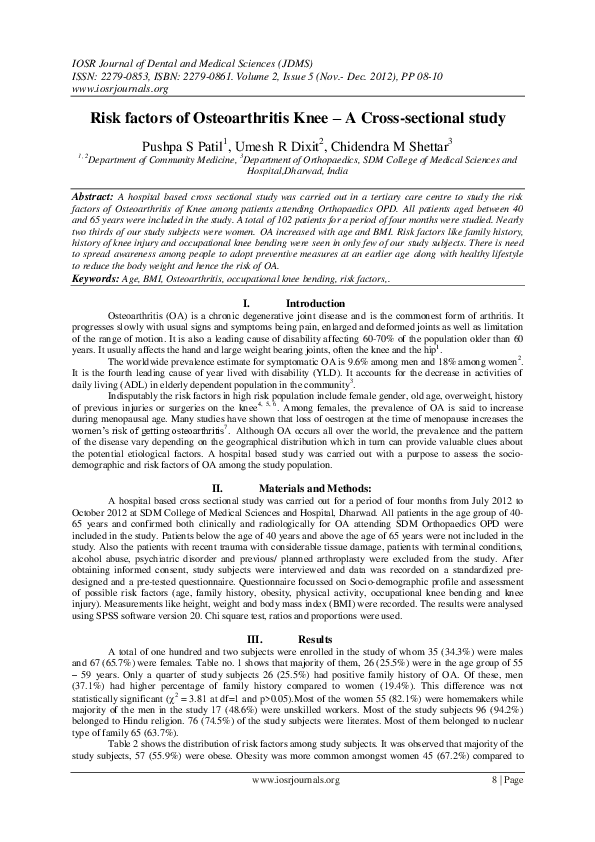 (PDF) Risk factors of Osteoarthritis Knee – A Cross-sectional study
