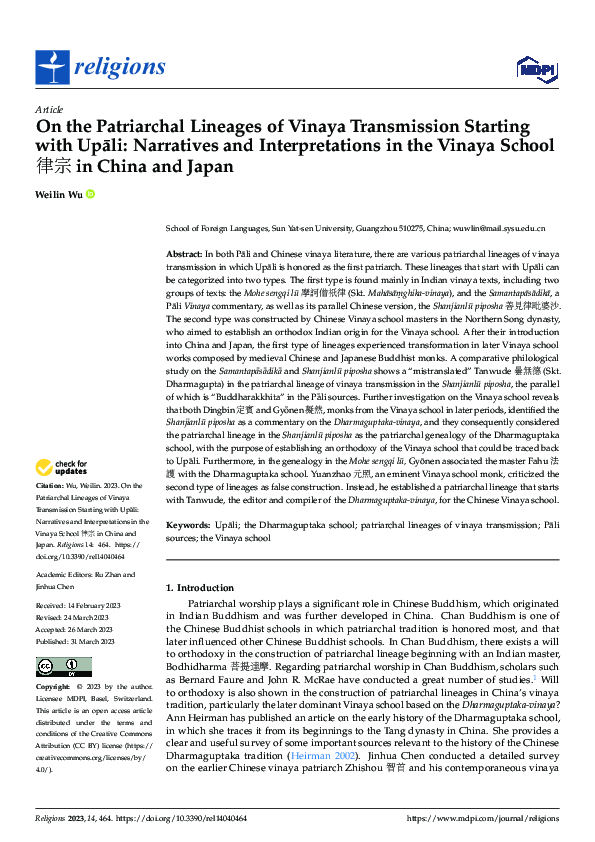 (PDF) On the Patriarchal Lineages of Vinaya Transmission Starting with ...