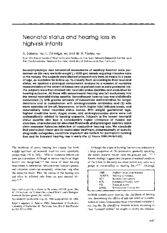 (PDF) Neonatal status and hearing loss in high-risk infants