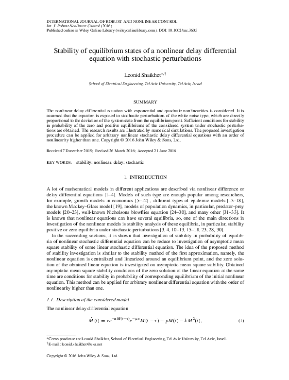 (PDF) Stability of equilibrium states of a nonlinear delay differential ...