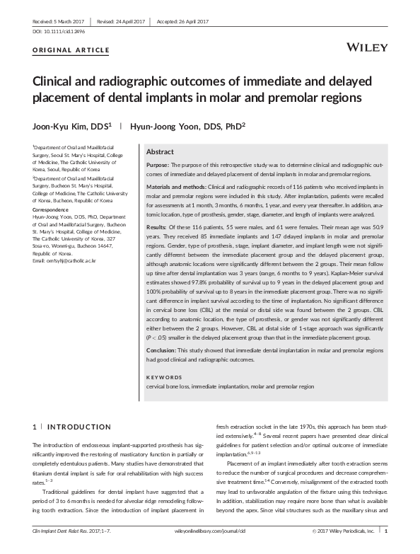 (PDF) Clinical and radiographic outcomes of immediate and delayed ...