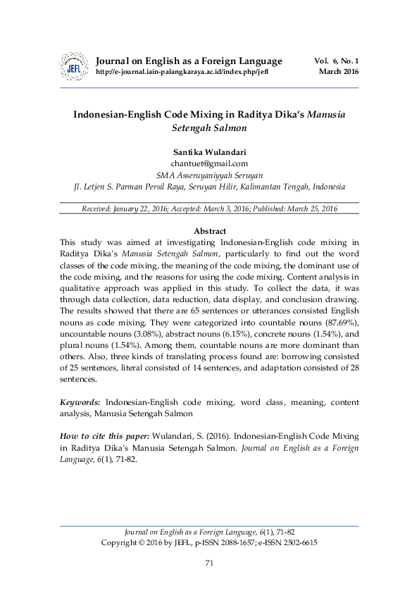 (PDF) Indonesian-English code mixing in Raditya Dika’s Manusia Setengah ...