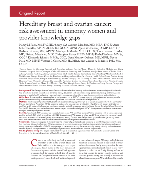 (PDF) Hereditary breast and ovarian cancer: risk assessment in minority ...