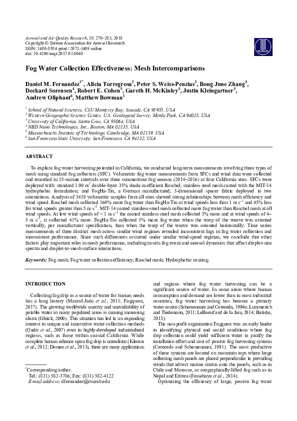(PDF) Fog Water Collection Effectiveness Mesh
