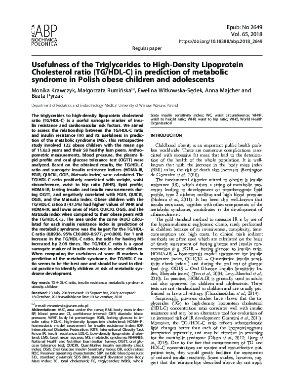 (PDF) Usefulness of the Triglycerides to High-Density Lipoprotein ...
