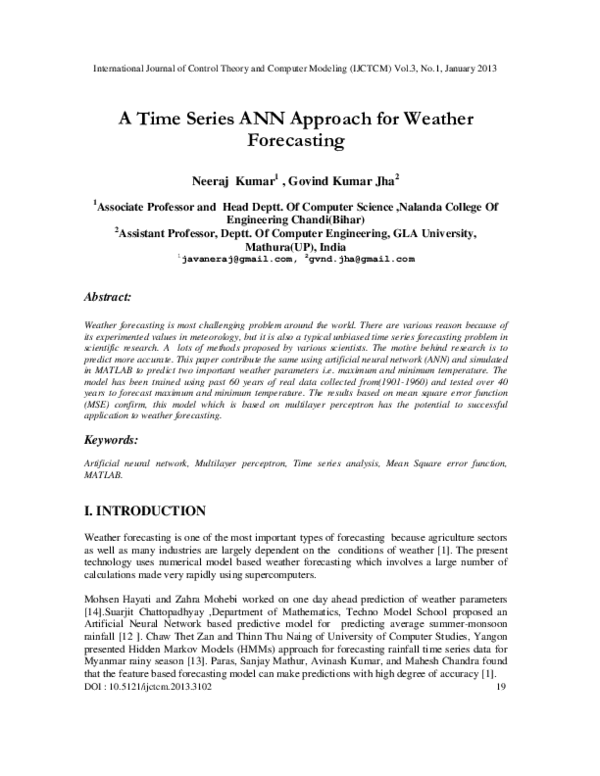 (PDF) Time Series ANN Approach for Weather Forecasting