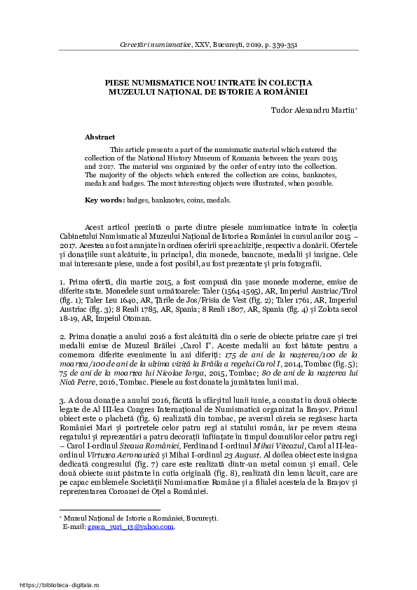 (PDF) Some of the Most Recent Numismatic Objects which Entered the ...