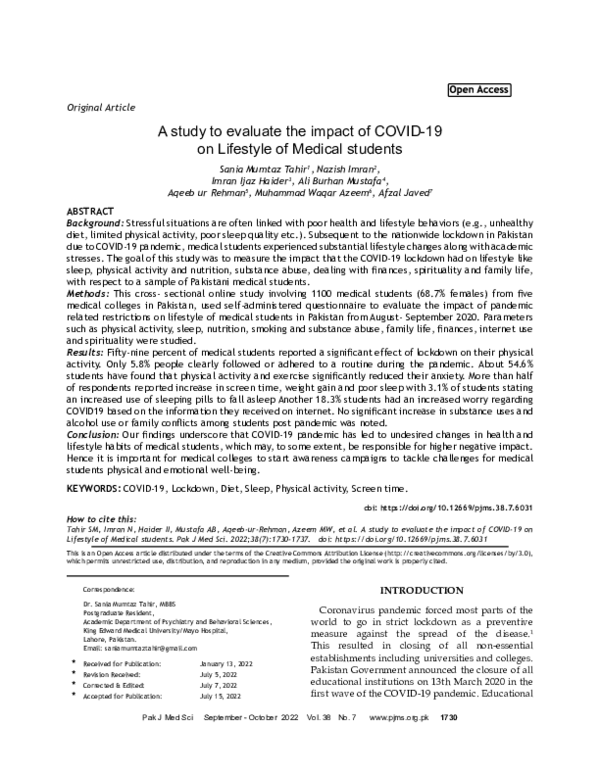 (PDF) A study to evaluate the impact of COVID-19 on Lifestyle of ...