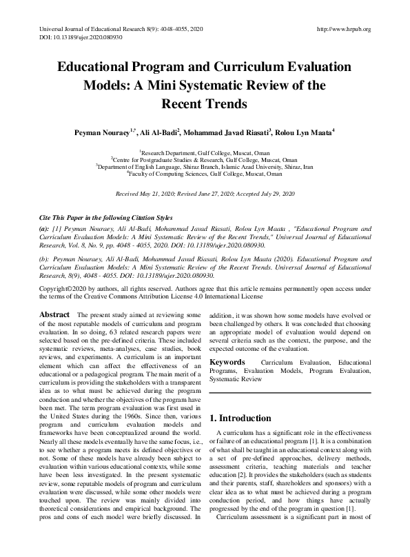 (PDF) Educational Program and Curriculum Evaluation Models: A Mini ...