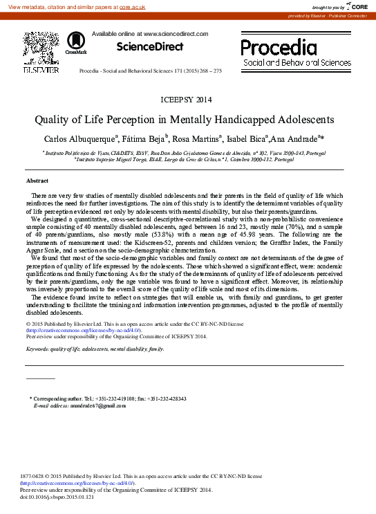 (PDF) Quality of Life Perception in Mentally Handicapped Adolescents