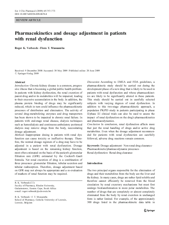 (PDF) Pharmacokinetics and dosage adjustment in patients with renal ...