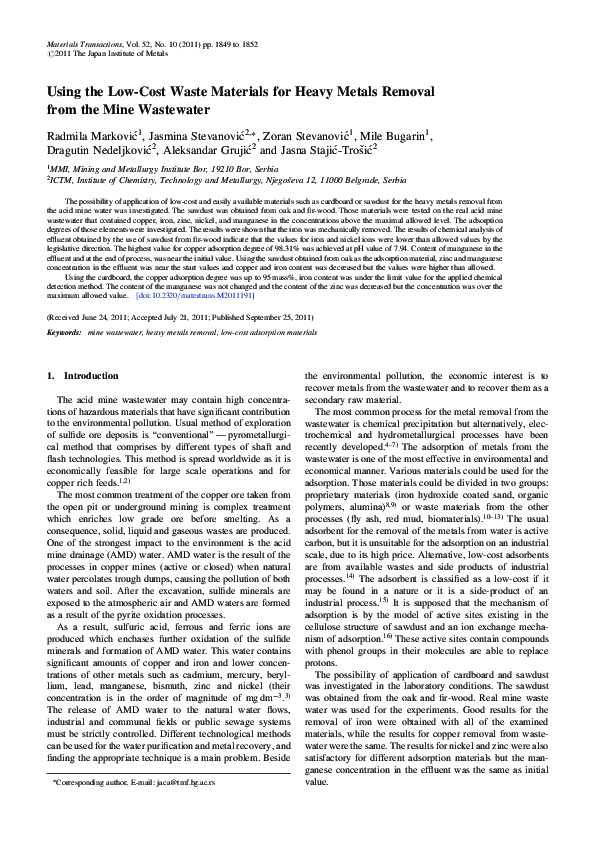 (PDF) Using the Low-Cost Waste Materials for Heavy Metals Removal from ...