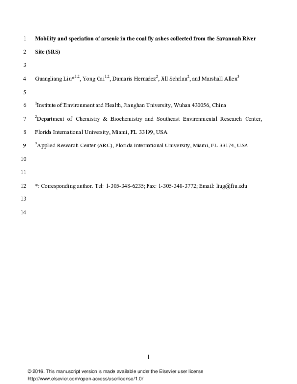 (PDF) Mobility and speciation of arsenic in the coal fly ashes ...